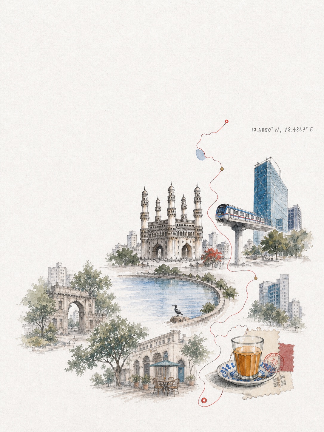 Illustrated Hyderabad at 17.3850°N, 78.4867°E — Charminar, a lake, the Metro and Irani chai.