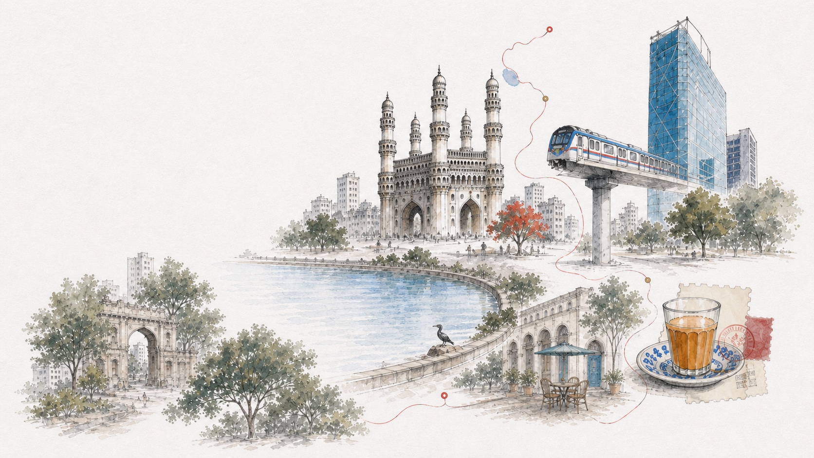 Illustrated Hyderabad: Charminar, Hussain Sagar, the Metro and Financial District joined by a single map route.
